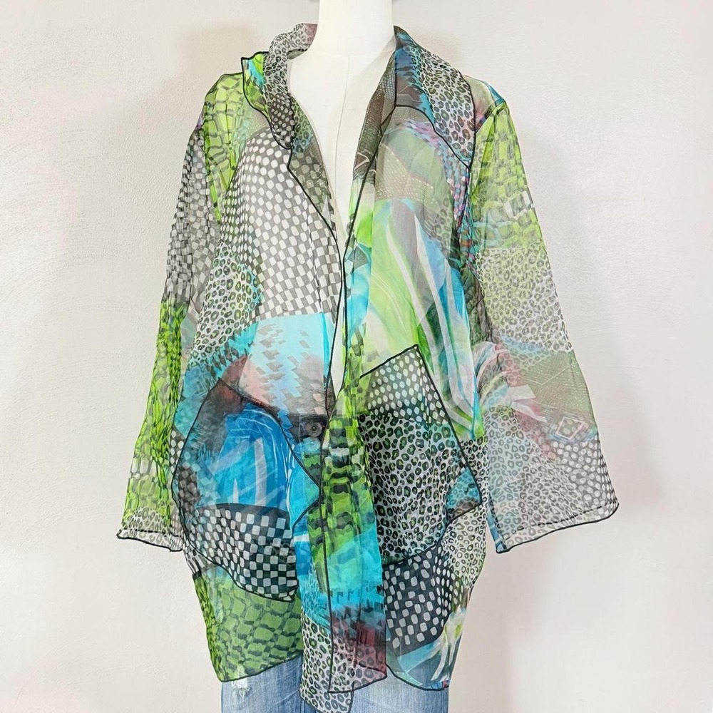 Caroline Rose Women's Sheer Silk Patchwork Open Front Jacket L/XL